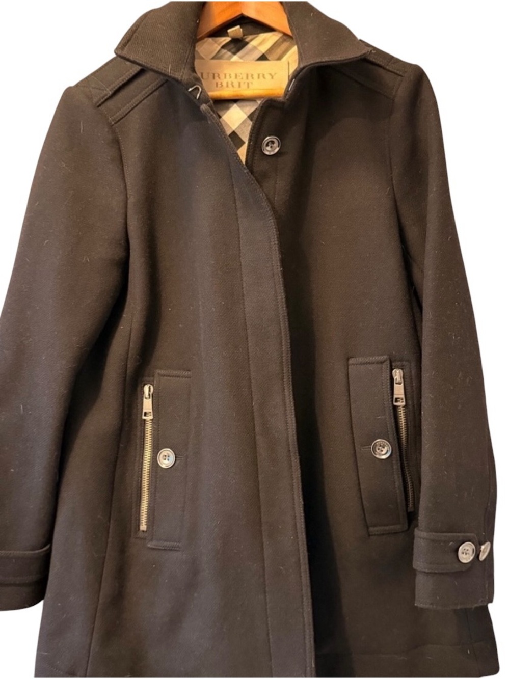 Burberry Black Wool Blend Pea Coat with Zip Pockets (US 14)